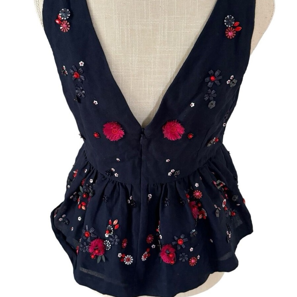 NWT J. Crew Navy Blue Hand Embellished Linen/ Cotton Peplum Tank Size 4 - Picture 2 of 13